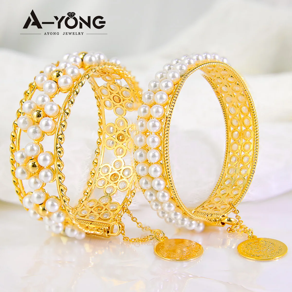 Multilayer White Pearls Bracelet 21k Gold Plated Italian Charm Bangles Women Mother\'s Days Valentine\'s Day Women Luxury Jewelry