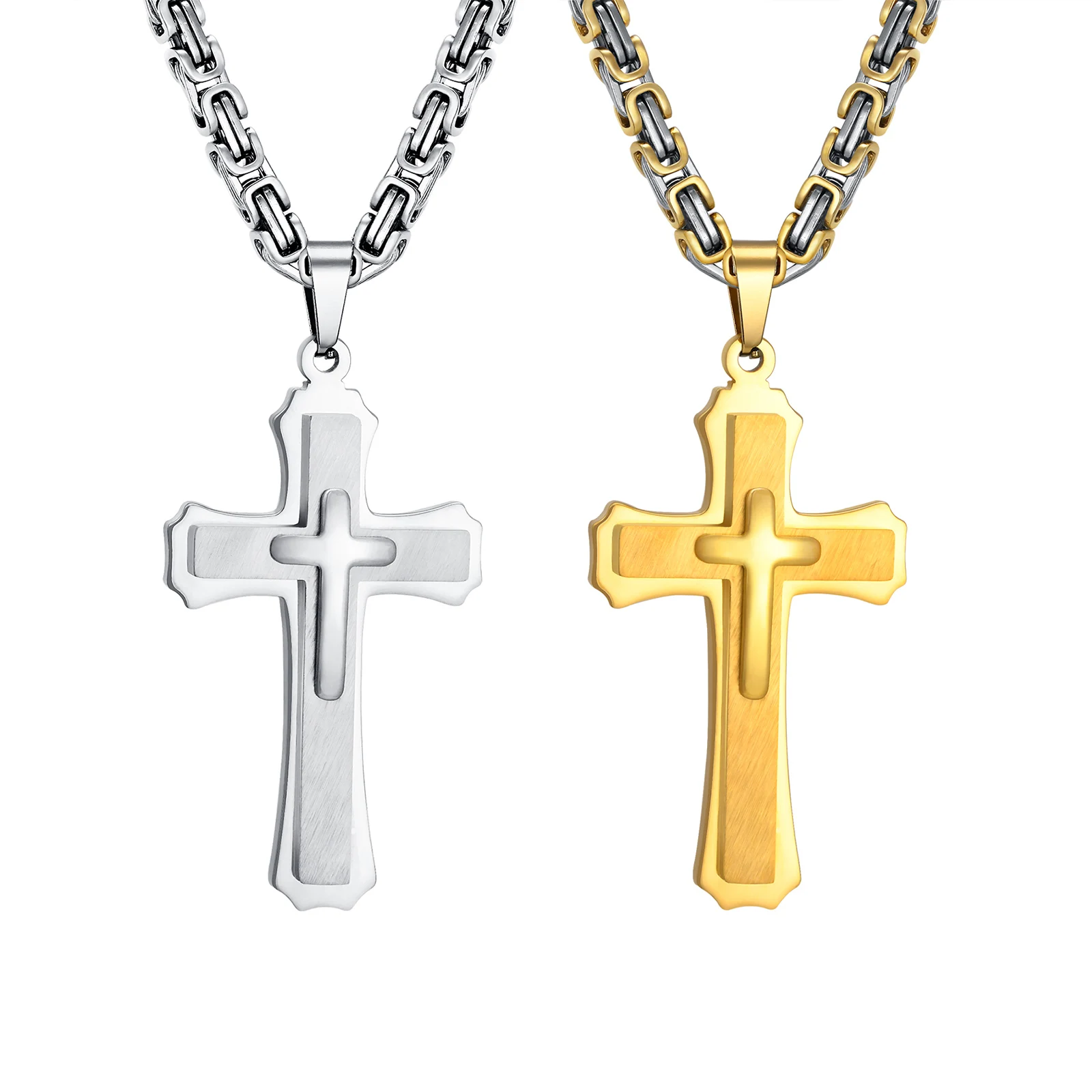 Mprainbow Chunky 3-layer Cross Necklaces for Men Boys,Bold Byzantine Link Chain Necklace,Gold Silver Color Pendants,Punk Jewelry