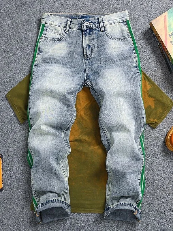 

Retro American Side Stripe Denim Jeans Men's Haome Loose Straight Leg Wide Leg Long Pants Youthful Trendy Wear Resistant