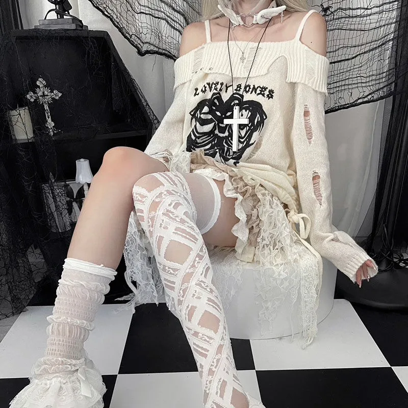 Deeptown Gothic Y2k Women Sweater Off Shoulder Pullovers Harajuku Anime Graphic Knitwear Hollow Out Kint Spring Oversize Jumper