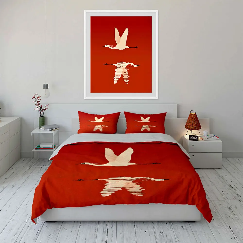 Egret Flying Over Red Reflection Print Soft Comfortable Duvet Cover Bedding Set Included 1*Duvet Cover  2*Pillowcases