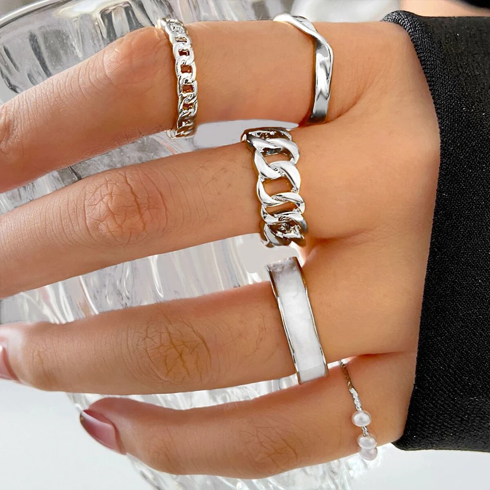 Vintage Gold Color Geometric Hollow Chain Finger Rings Set for Women Girls Fashion Metal White Enamel Knuckle Ring Jewelry Gifts