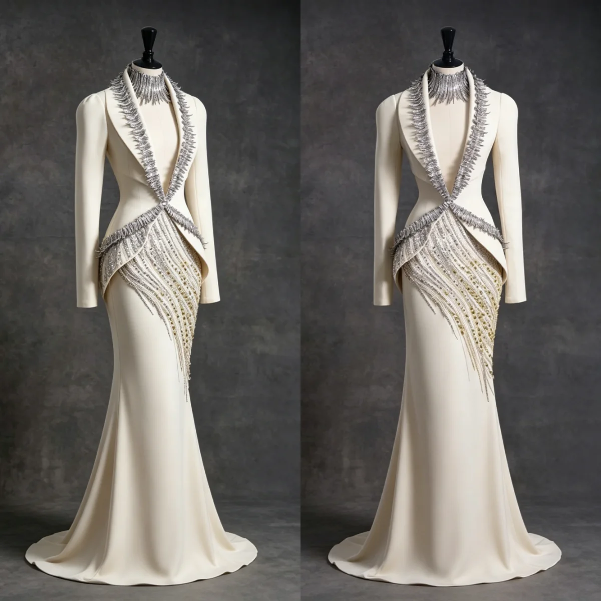 

Gorgeous Crystals Mother Of The Bride Suits Long Sleeve Beaded Jacket Sets Slim Fit Formal Party 2 Pieces Customized Outfits