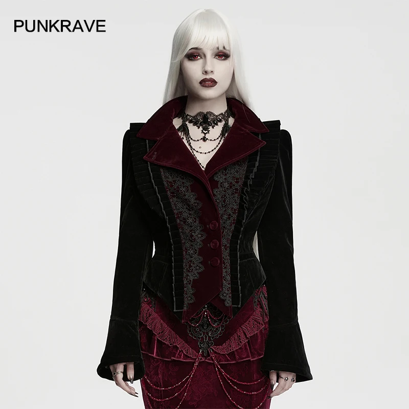 PUNK RAVE Women's Gothic Weft Velvet Lace Paired Dark Blood Coat Stand Collar Waist-cinching Drawstrings Flared Sleeves Jaket