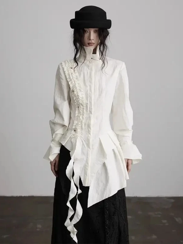 

Japanese Harajuku Ruffled Shirt Women Y2K Fashion Single Long Sleeve Tops Sweet Lolita Slim Blouse 2000s Mujer Thicken Slim Fit