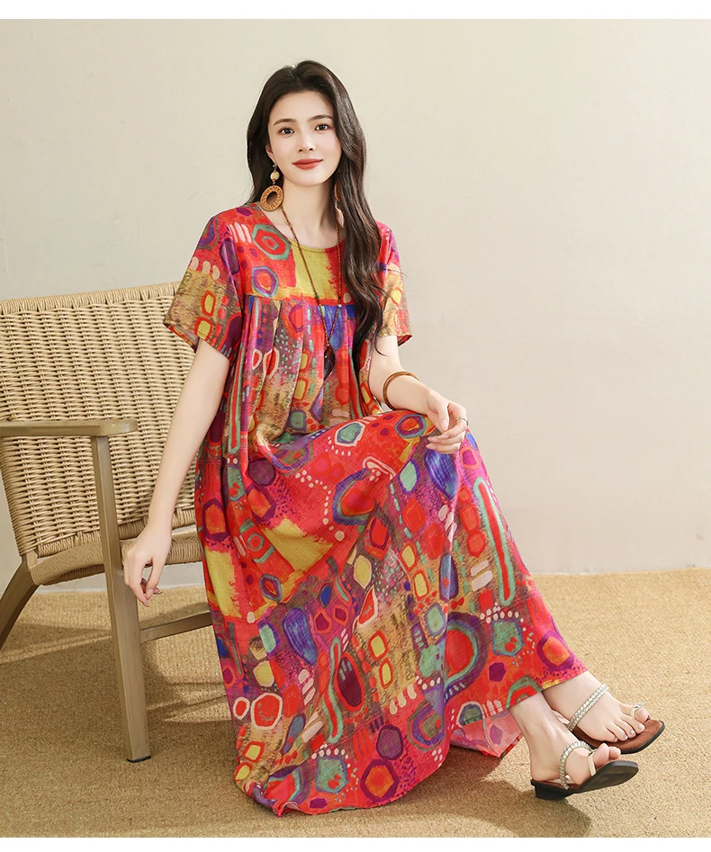 New 2025 Summer Dress For Women Plus Size Dress Casual Short Sleeve Boho Vintage Print Long Maxi Dress Beach Women Clothing