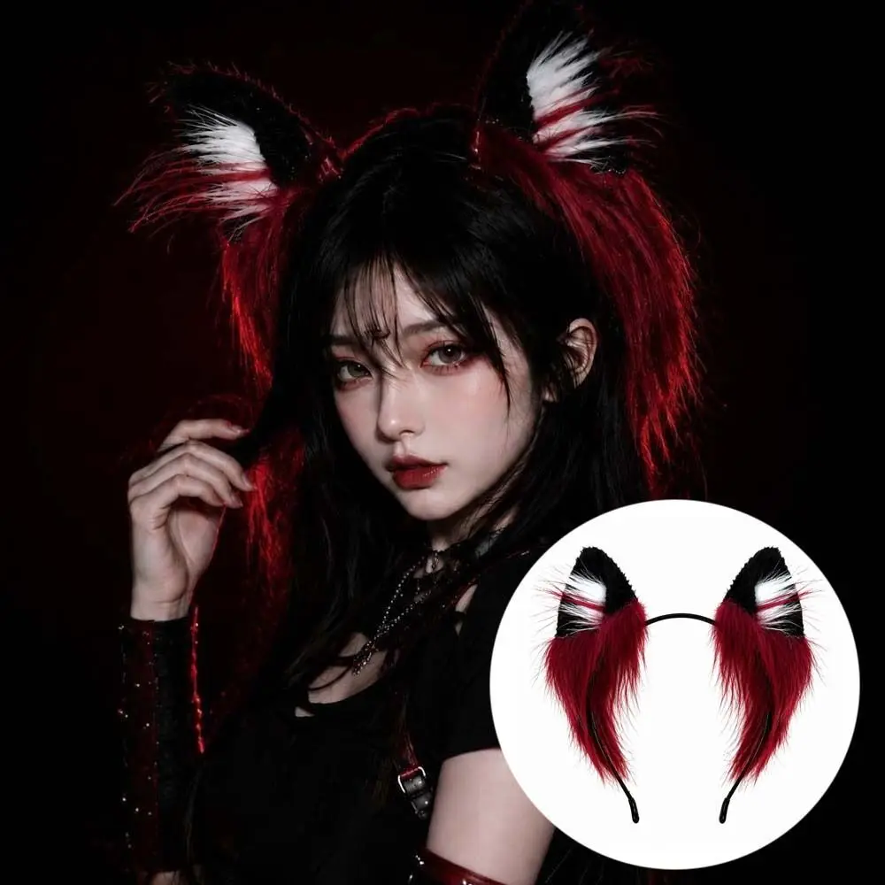 Lightweight Wolf Ears Headband Soft Plush Red Black Faux Fur Headwear Anti Slip Fluffy Texture Halloween Hair Hoop