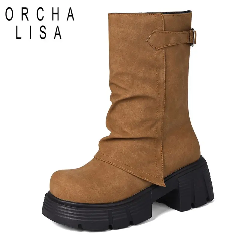 

ORCHA LISA/женские замшевые сапоги до середины икры из флока с круглым носком 6,5 см, толстая подошва без шнуровки с пряжкой на ремне, винтажная зимняя платформа