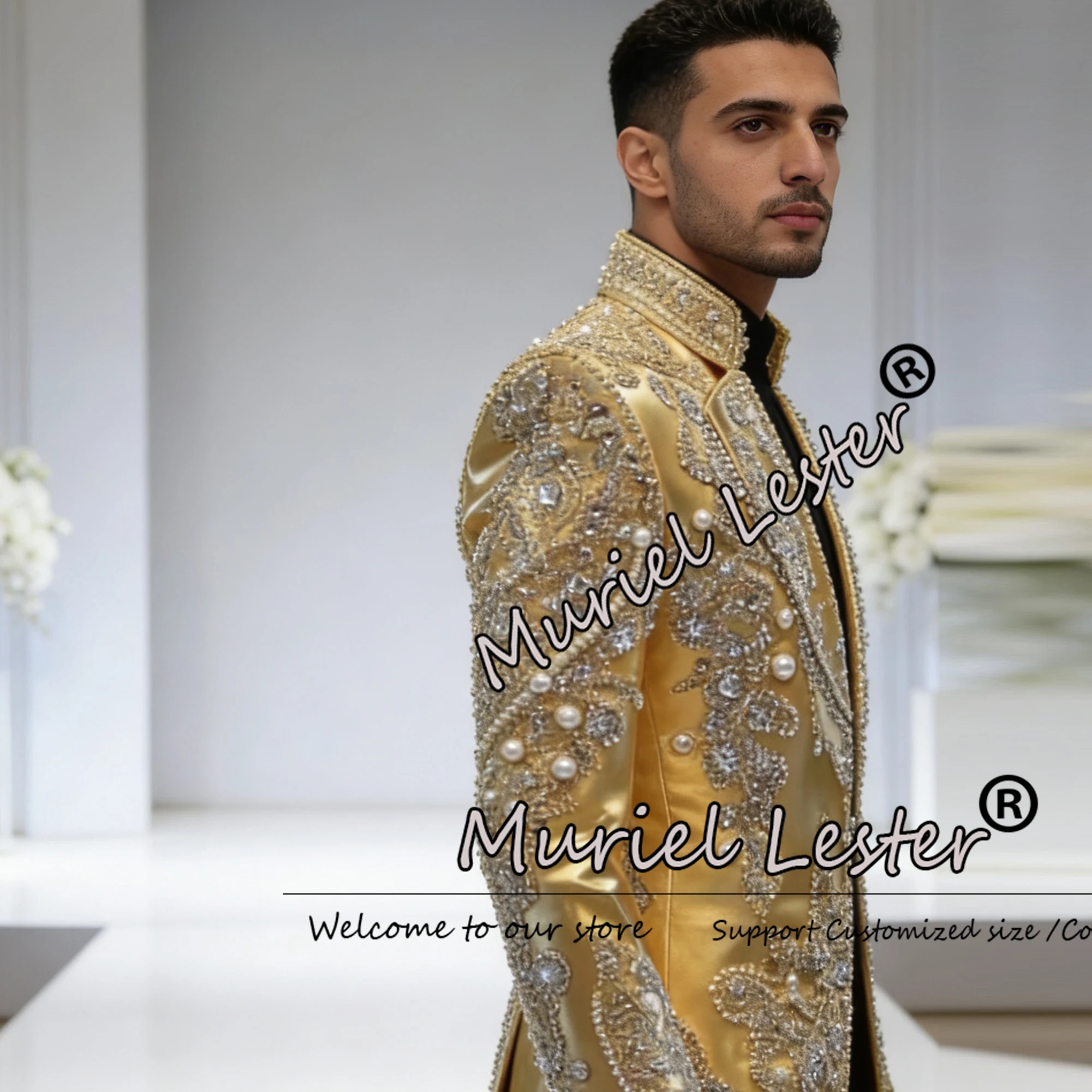 Luxury Beaded Stones Gold Men Suit Attite For Wedding Groom Pearls Jacket Outfits 1 Piece Prom Tuxedos Prom Blazer Ropa Hombre