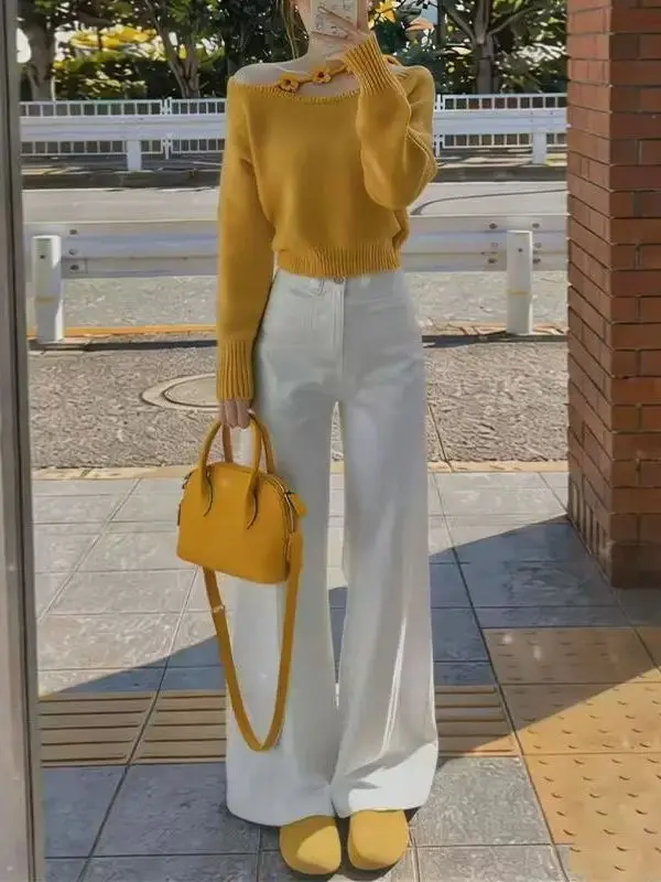 Early Autumn 2026 Date Night Outfit Small Size Beautiful High Shoulder Knitted Top Wide Leg Pants Two Piece Set Fashionable C...