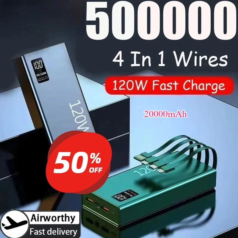 

120W 50000mAh 20000mAh High Capacity Power Bank 4 in 1 Cables Super Fast Charging Power Bank Portable Charger For iPhone Samsung