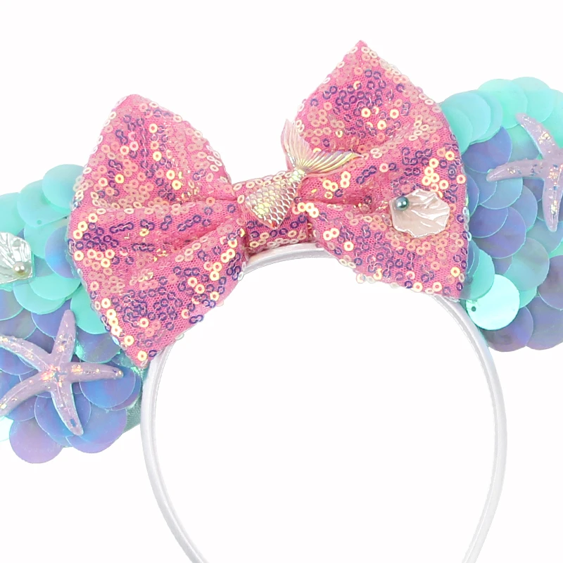 Mermaid Disney Mickey Mouse Ears Headbands Minnie Hair Sequins 5“Bows For Women Festival Hairband Girls Hair Accessories Cosplay