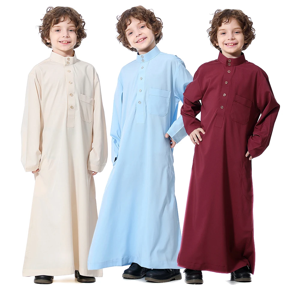 Children Robe Teens 2023 New Muslim Thawb Boys Long Sleeve Solid Color Clothes Kids 4-12 Years Folk Outfit Summer National Thobe