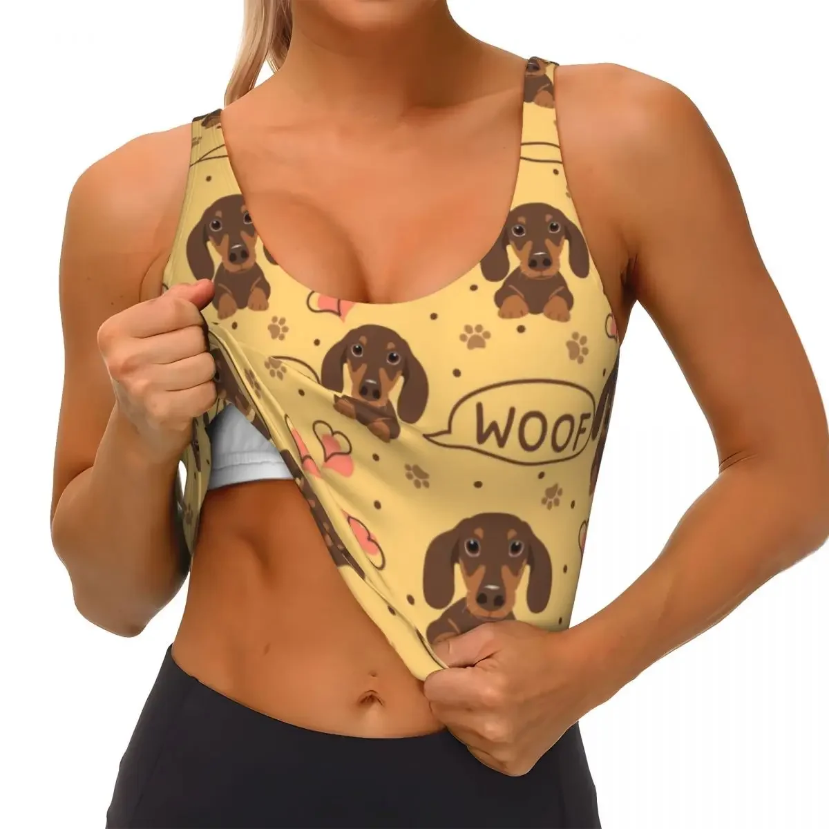 カスタムラブチョコレートダックスフントソーセージ犬スポーツブラ女性のペット子犬ハイインパクトワークアウトヨガクロップトップ
