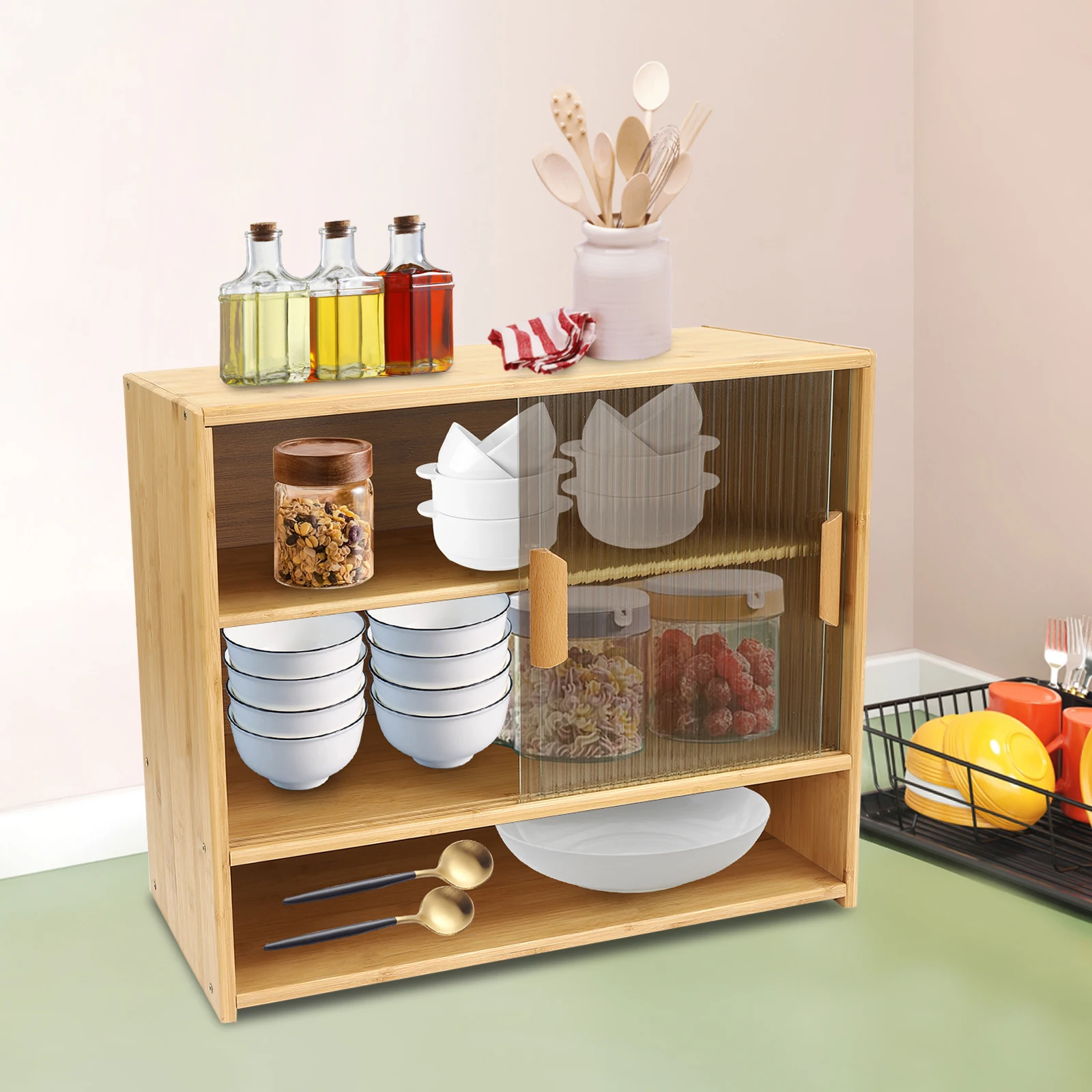 

2-уровневый небольшой кухонный шкаф с раздвижными дверцами, отдельно стоящий органайзер для кладовой на столешнице для посуды, мисок и кружек, экономия места