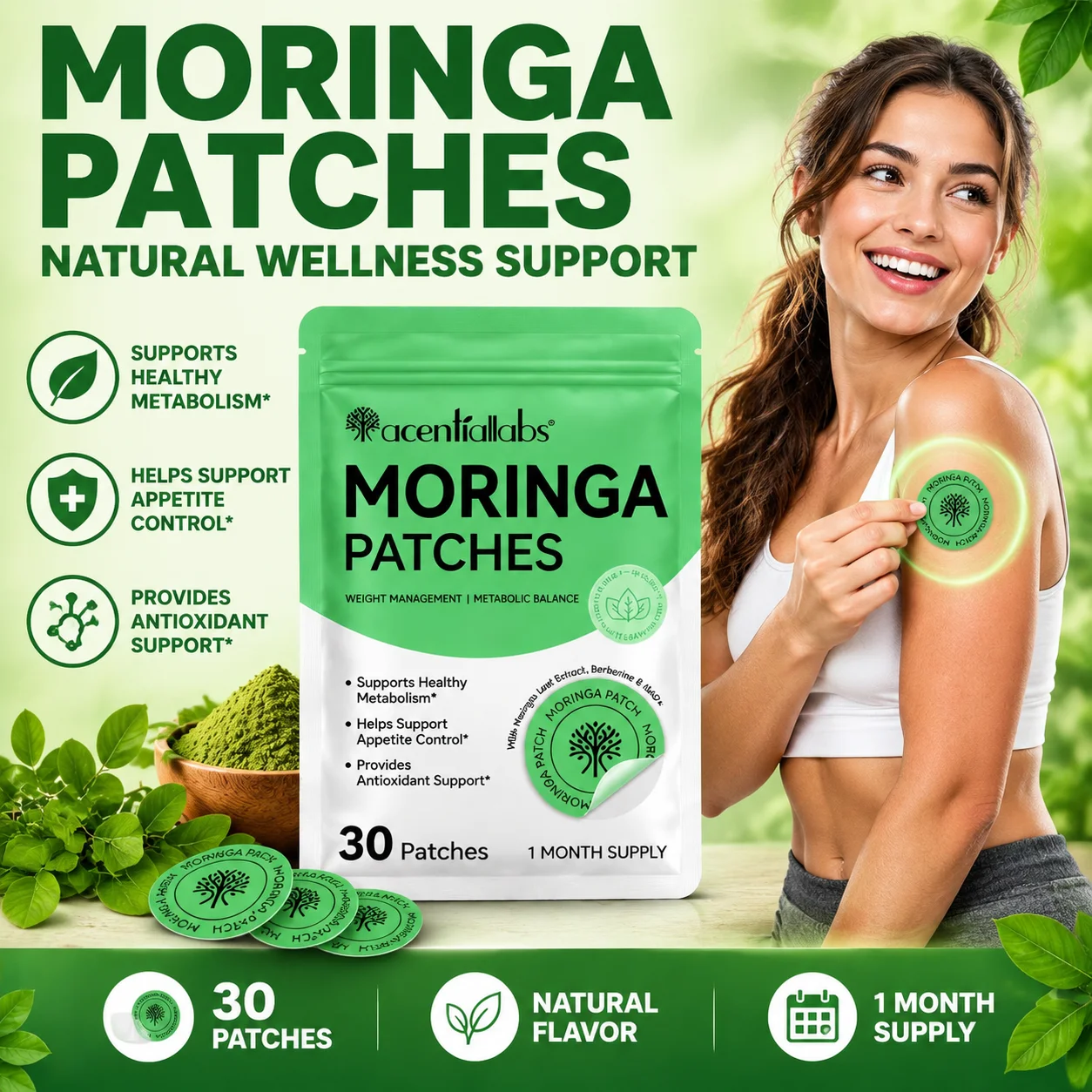 Acentilabs Moringa Patches Vegan with Berberine HCl NAD+ CoQ10 Promote Metabolism Weight Management Appetite Control 30 Patches