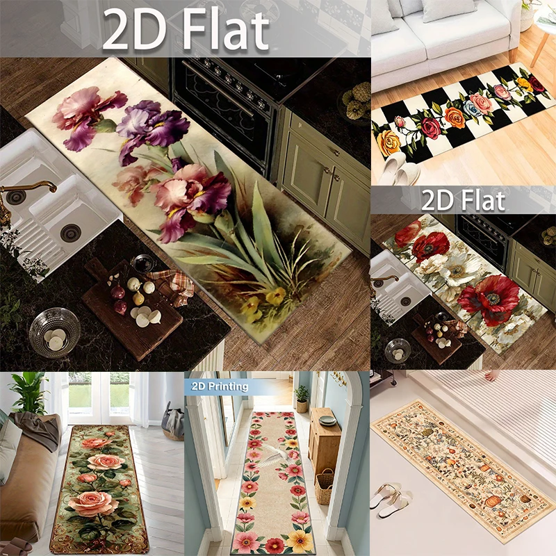 Vintage Floral Long Runner Mat Multi Style Oil Painting Flower Print Decor Rug for Kitchen Hallway Entryway Indoor Home Space
