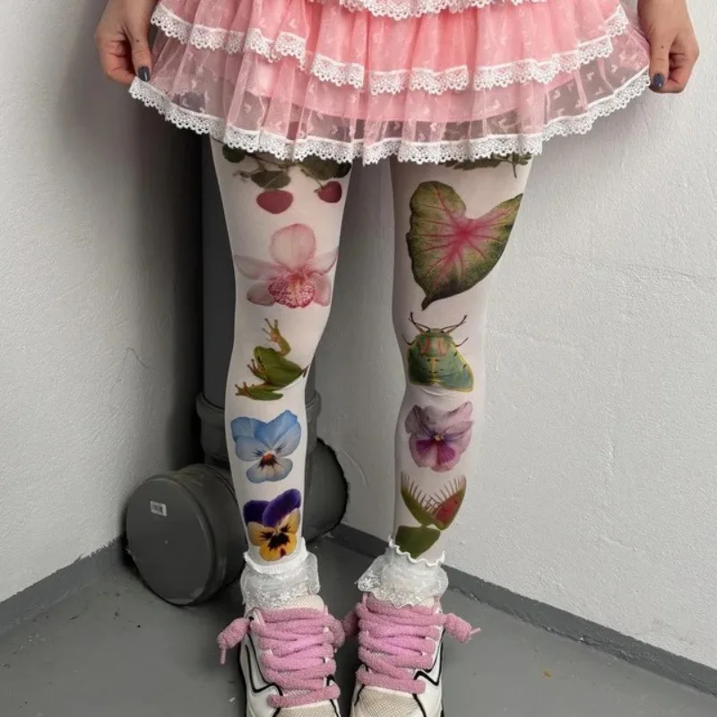 

Женские колготки с цветочным принтом и листьями растений, готические колготки в стиле Харадзюку, женские длинные колготки в стиле панк для девочек на Хэллоуин, эмо для девочек