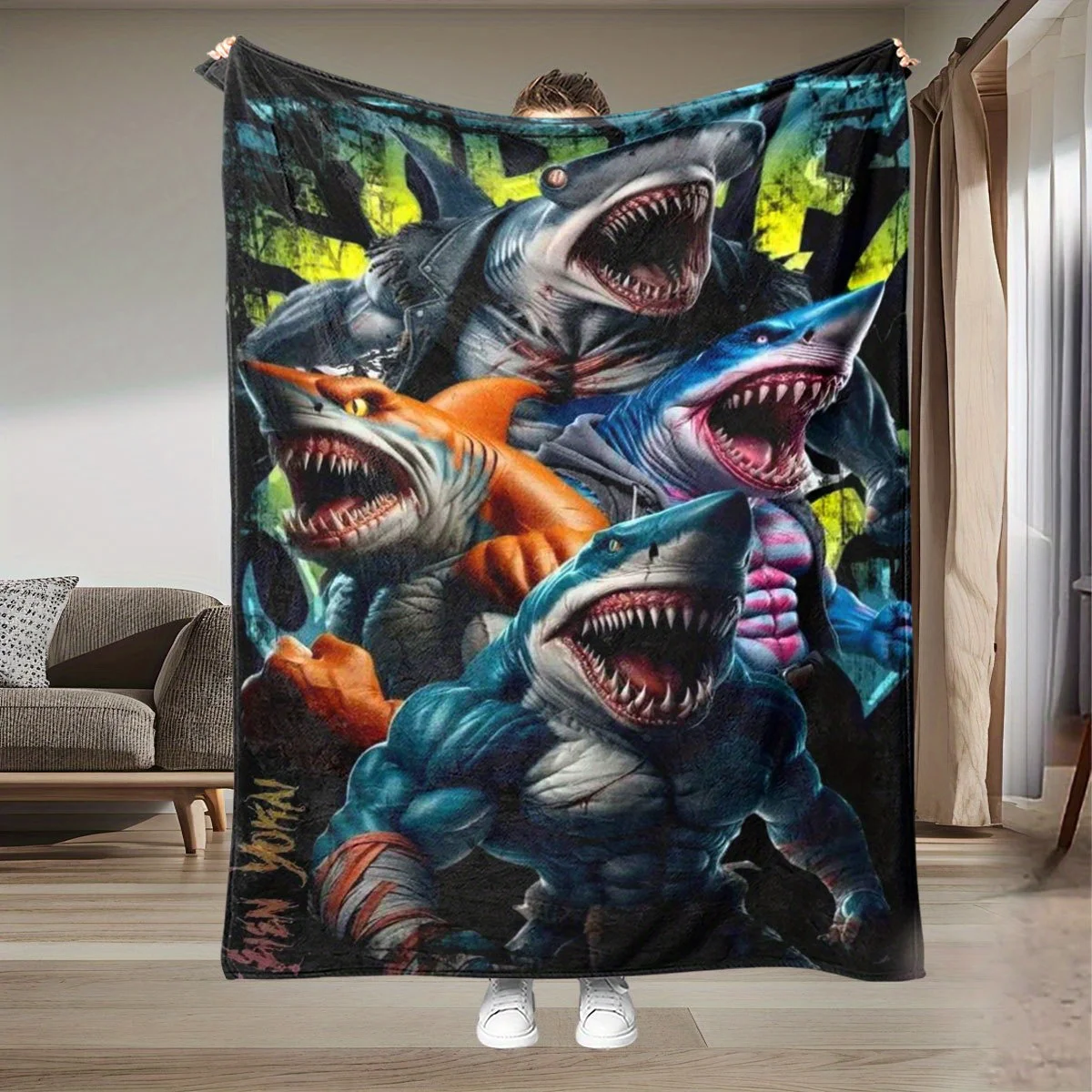 Fierce muscular shark pattern Flannel printed blanket suitable for all seasons suitable for living room office sofa and travel