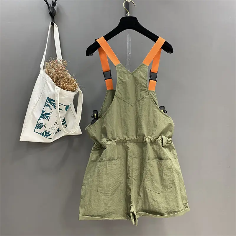 Street Casual Contrast Loose Overalls Summer New Drawstring Pleated Pockets Patchwork Trend Shorts Fashion Vintage Women Clothes