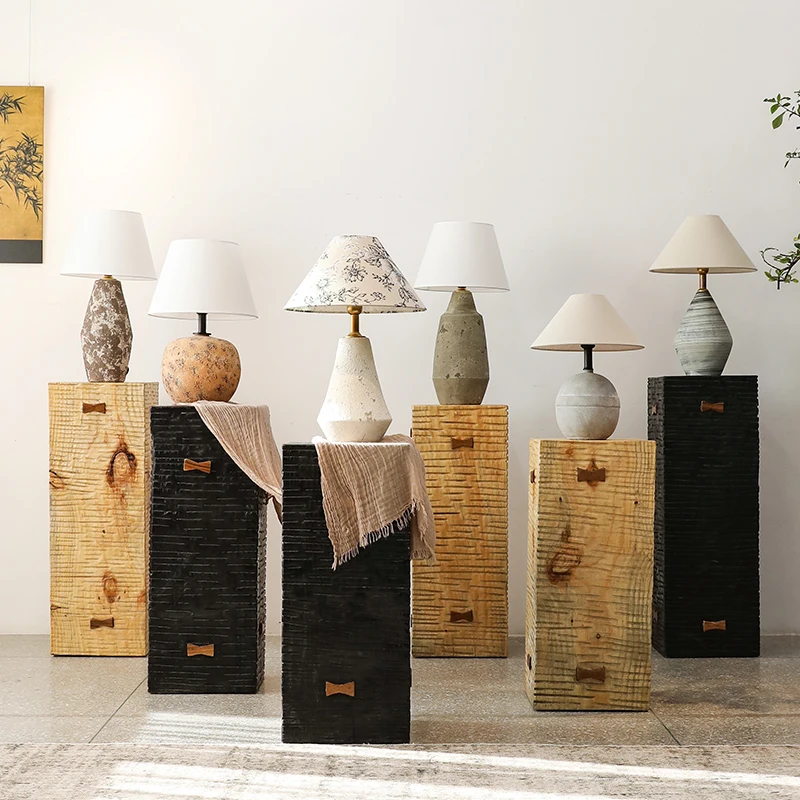 Japanese Wabi-sabi Handmade Ceramics Table Lamp White Linen Fabric Lampshade Living Room Bedroom