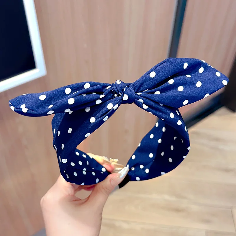 Effen kleur stof Polka Dot Bow hoofdband voor kinderen Elegant temperament Brede hoofdband Mode meisje make-up haarband - afbeelding 1