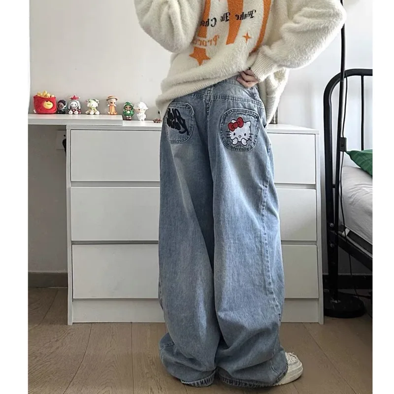 Miniso Button Hellokitty Y2k pantaloni in Denim ricamati Cartoon KT Jeans larghi a vita alta Streetwear pantaloni a gamba larga vestiti retrò