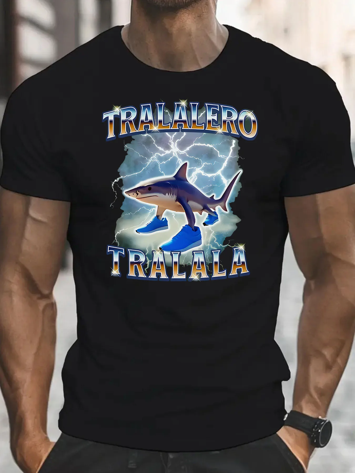 

[Tralalero Funny Shark Tee] Tralalero Men's Funny Shark Graphic T-Shirt | Black Casual Short Sleeve Round Neck Tee