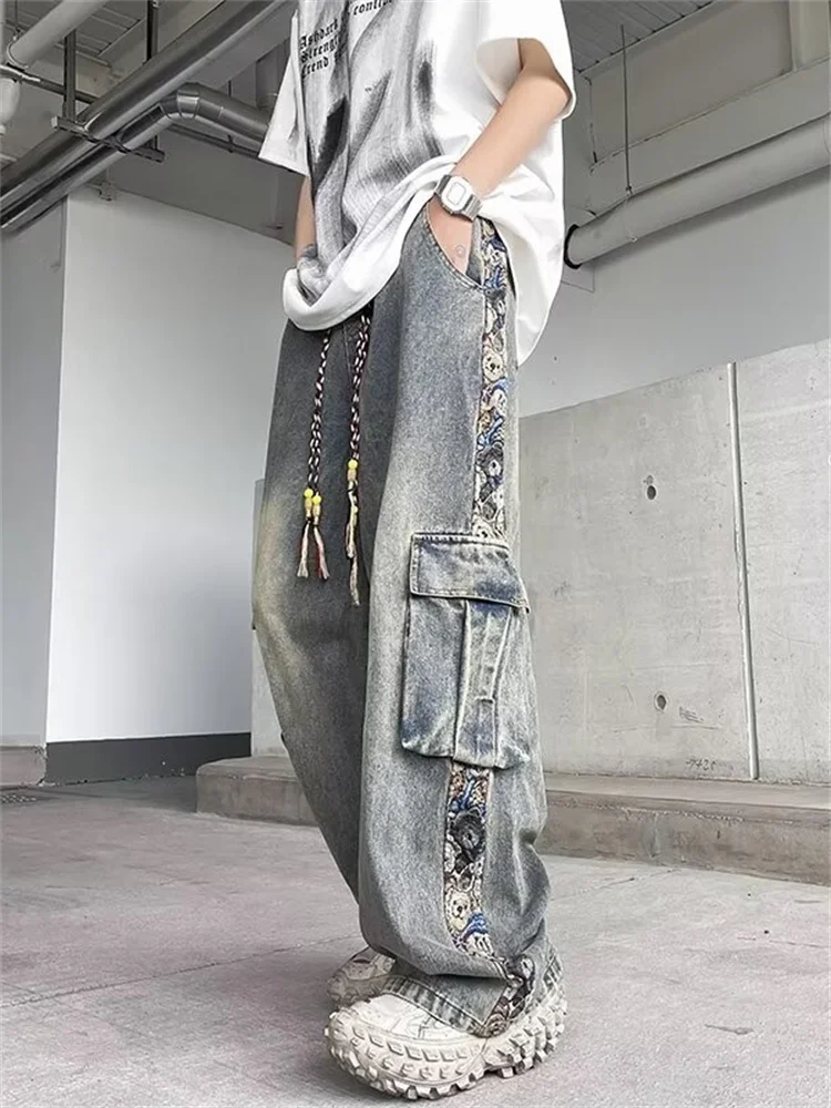

High Street Workwear Men's Jeans Retro American Design Loose Straight Leg Casual Pants Patchwork Wide Leg Trousers