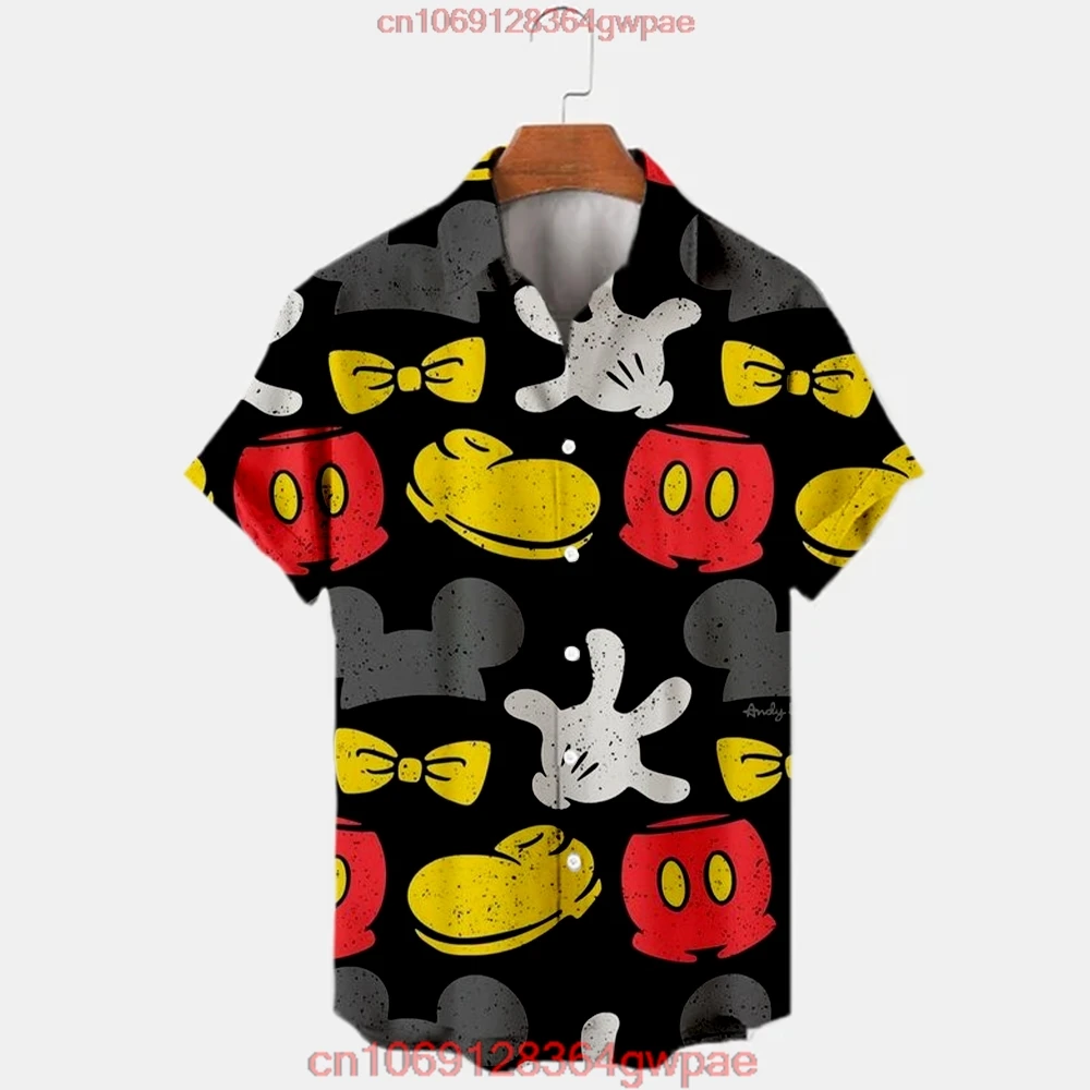 Disney Hawaiian Shirt 2023 Summer New Cartoon Mickey Print Shirt Cute Disney Anime Shirt Men\'s Short-sleeved Casual Lapel Top