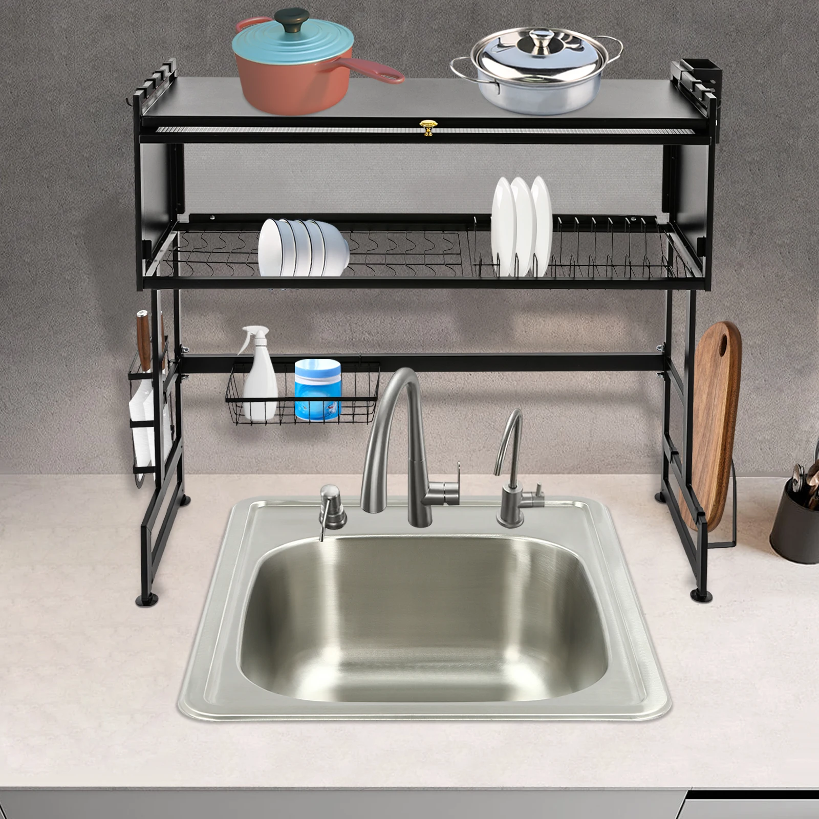 

Двухуровневая сушилка для посуды Прочная сушилка для посуды Решалка для раковины из углеродистой стали с держателями для ножей и палочек для еды Компактная сушилка для посуды