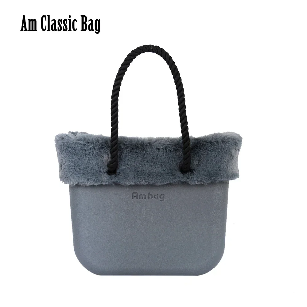 

New Winter Classic Ambag Obag O bag DIY EVA Handbags with Color Inner Long Rope Handles and Faux Plush Fur Furry Trims