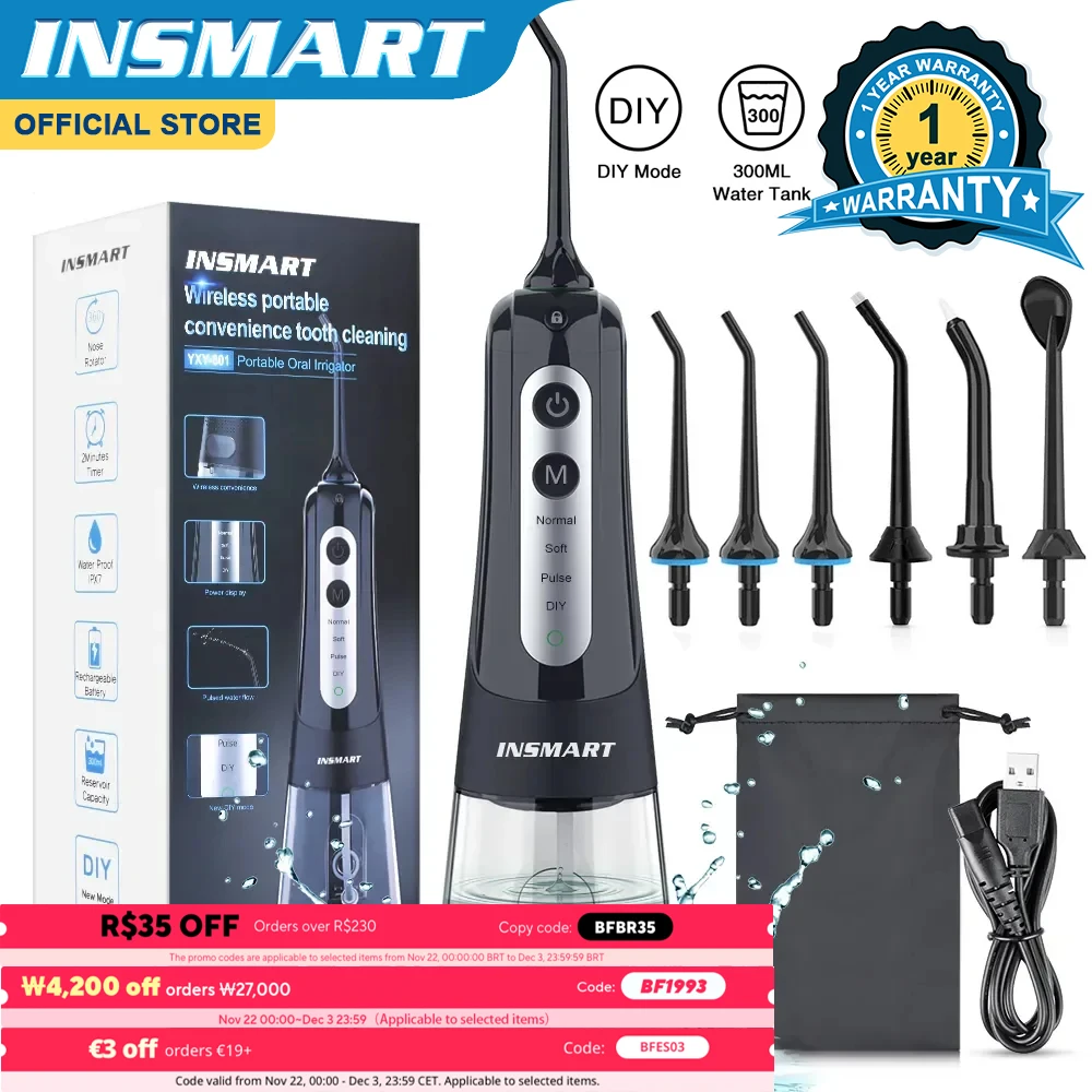 INSMART Dental Oral Irrigator Water Flosser Teeth Whitening Waterproof Portable Dental 6PCS Water Jet Floss 300ML Teeth Cleaner