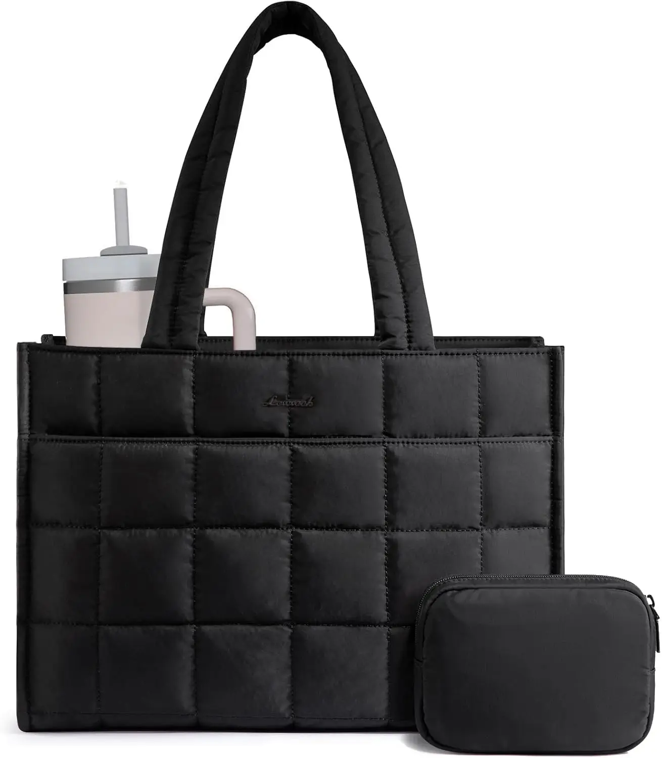 

Large Quilted Tote Bag for Women, 17 Inch Laptop Purse for Work Travel, Black Shoulder Bag with Zipper