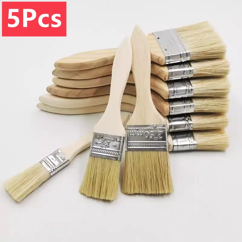5Pcs Paint Brush Wooden Handle BBQ Brush 1-3 Inch Soft Hair Brush Artist Painting Brushes for Wall and Furniture Paint Tool Set