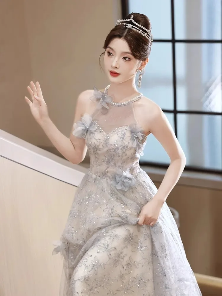 

Luxury 3D Decorating Flowers Prom Dresses Women's Hanging Neck Collar Beading Tulle Waist A-line Floor-Length Evening Party Gown