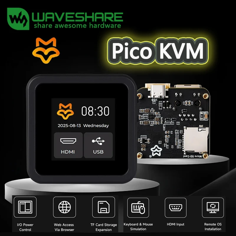 Waveshare PicoKVM Lightweight IP KVM Remote Management Tool, Base Optional, Luckfox 1920×1080@60fps HDMI Video Input HID Signal