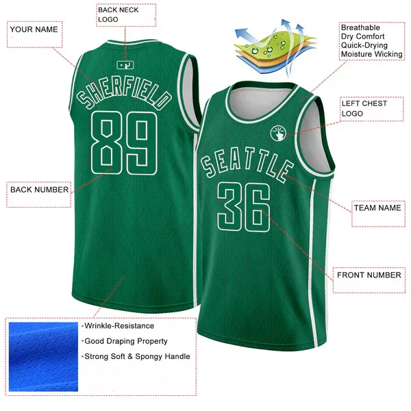 

Custom Kelly Green White Geometric Shapes And Side Stripes Edition Basketball Jersey