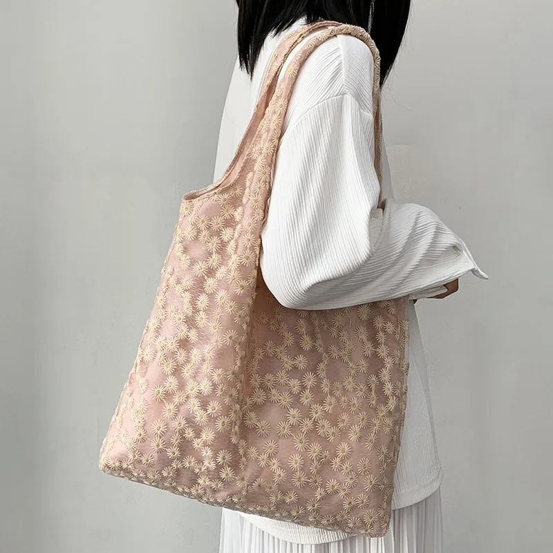 Borsa a tracolla in filato da donna con margherita ricamata borsa a tracolla in pizzo da donna con fiore semplice borsa per la spesa femminile