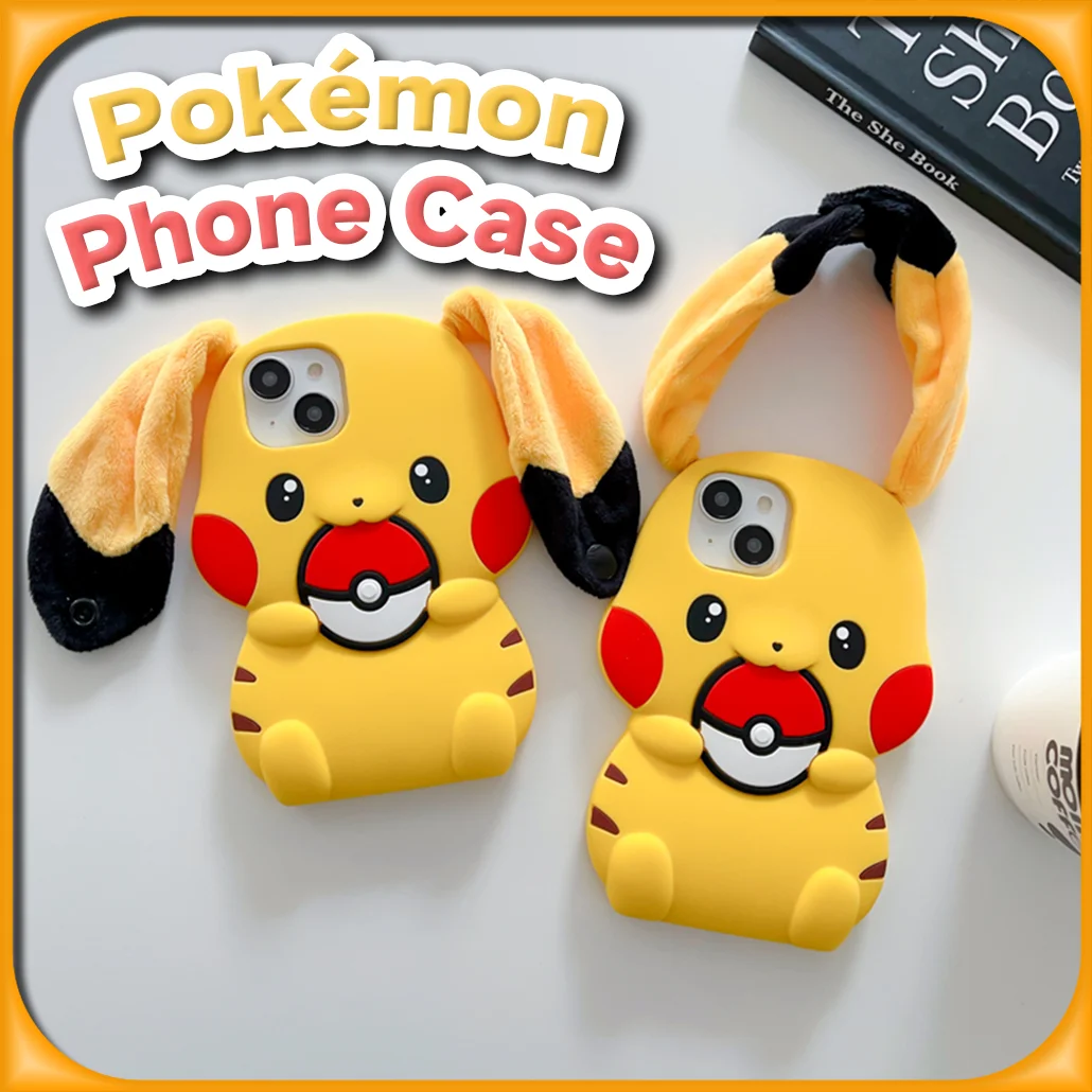 Kawaii Pikachu 3D Soft Silicone Phone Case for IPhone 15 14 13 12 11 Pro Max Pokemon Anime Cute Protective Cover with Plush Ear