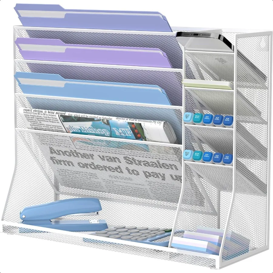 

Wall Mounted File Organizer 5Tier Desk Organizer with 4 Pen Holders Wall Organizer with Rshaped Bottom Tray Mesh Desk Organizer