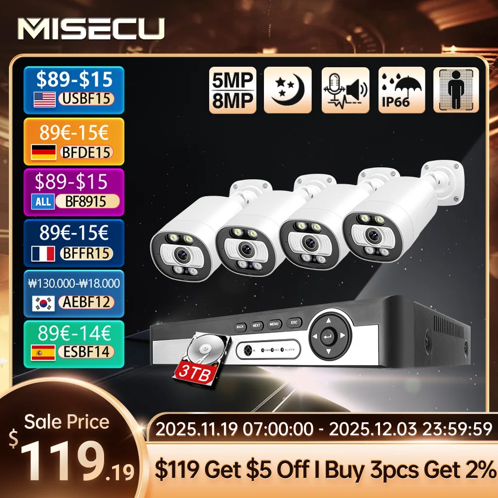 Misecu ระบบรักษาความปลอดภัยกล้อง5MP POE 4K 8CH H.265กล้องรักษาความปลอดภัยกลางแจ้ง8MP มนุษย์ตรวจตรากล้องวงจรปิดรักษาความปลอดภัยสีการมองเห็นได้ในเวลากลางคืน P2P