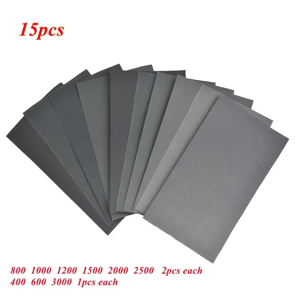 15pcs/Set 400 600 3000 800 1000 1200 1500 2000 2500 Grit Sandpaper Wet/Dry Car Paint Mixed Assorted Grit Wet And Dry Sandpaper
