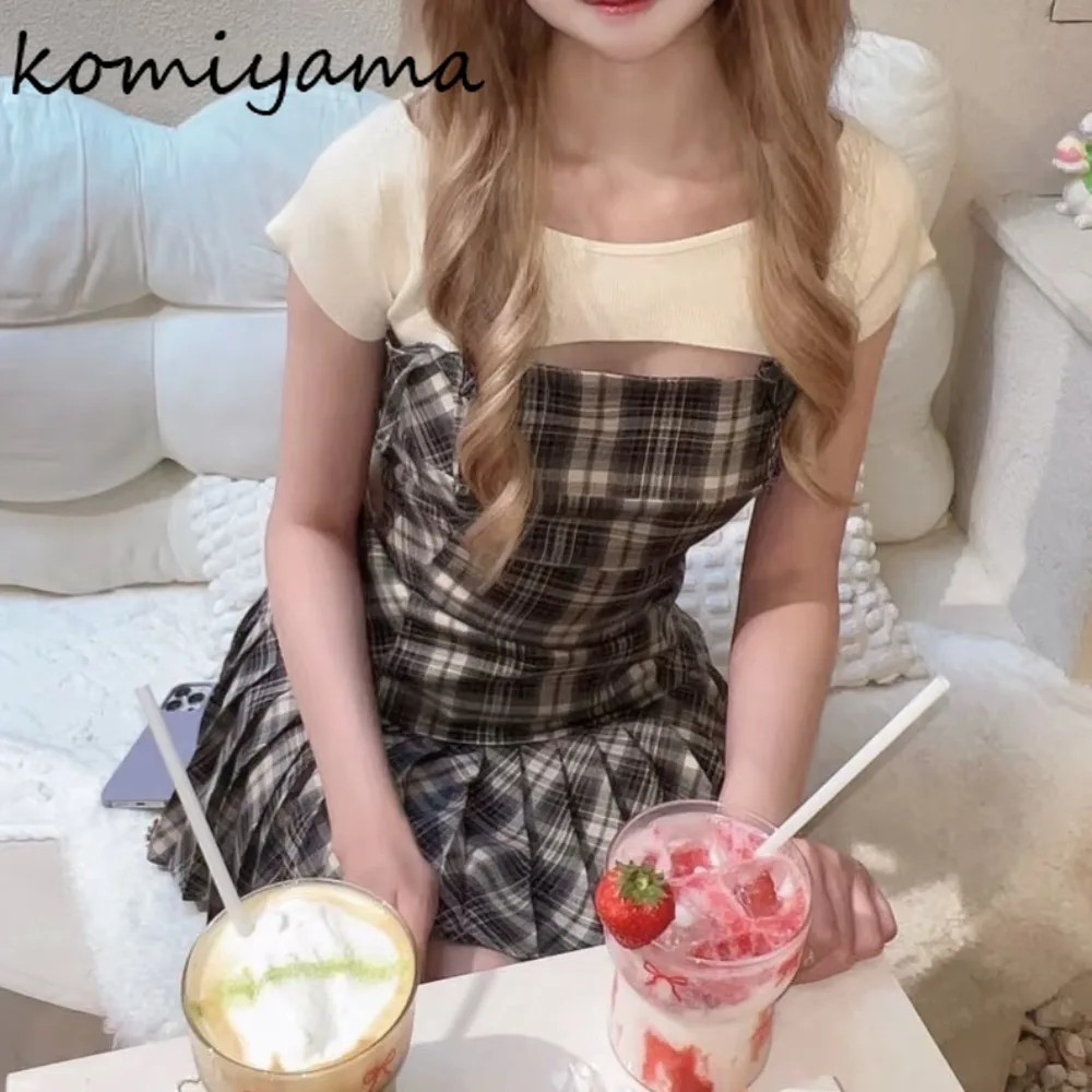 

Sexy Hollow Out Waist Pleated Bow Strap Dress O-Neck Tops Student Preppy Style New 2 Piece Set Japanese Sweet Plaid Sets