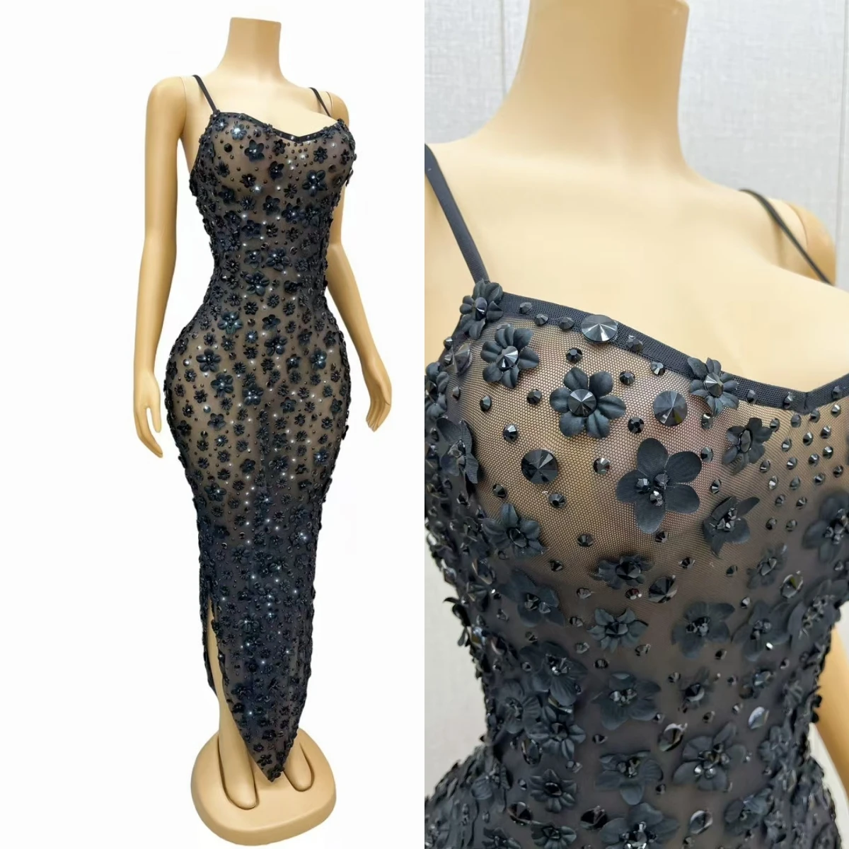 

Luxury Women Sexy Flower Gown Elegant Black Slip Long Dress Sheer Mesh Evening Dresses Birthday Wedding Prom Couture Chunjie