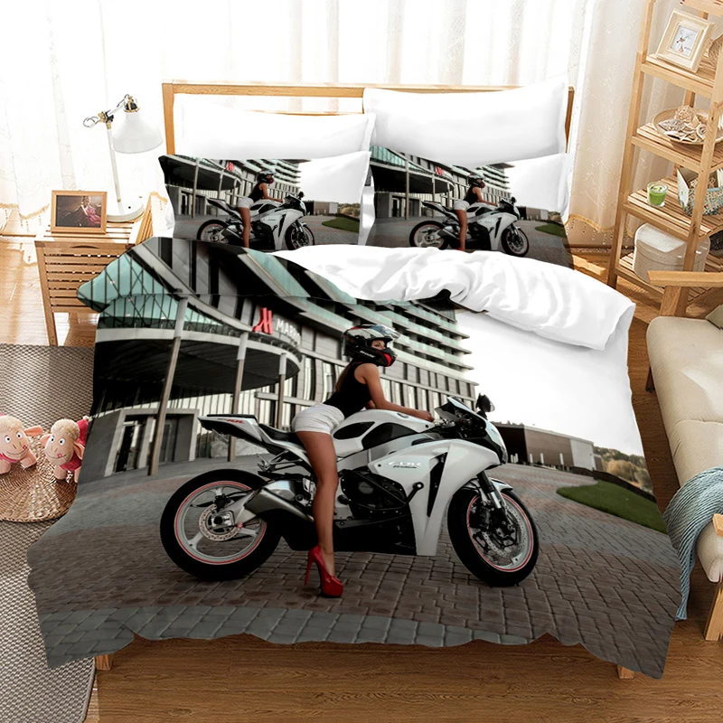 Sexy Beach Bikini Women Duvet Cover with Pillowcase Locomotive Car Beauty Women Quilt Cover King Size for Women Adults Bed Decor