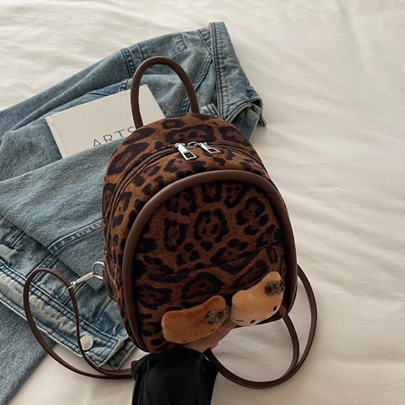 

Fashion Leopard Backpack for Girls Winter New Cartoon Hello Kitty Brown Schoolbag Zipper Children Casual Outing Cute Handbag