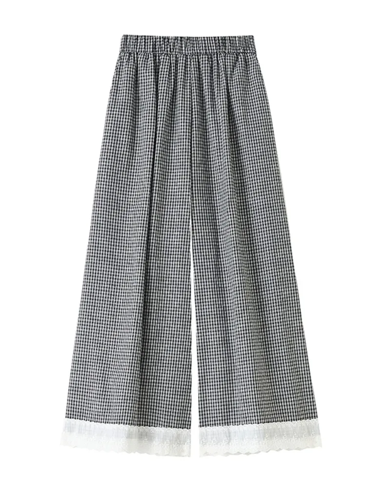 Spodnie damskie z wysokim stanem i szerokimi nogawkami, letnie spodnie-spódnica w stylu lazy, luźne, codzienne spodnie o długości 7/8 z prostymi nogawkami, z koronkowym wykończeniem, w kratę.
