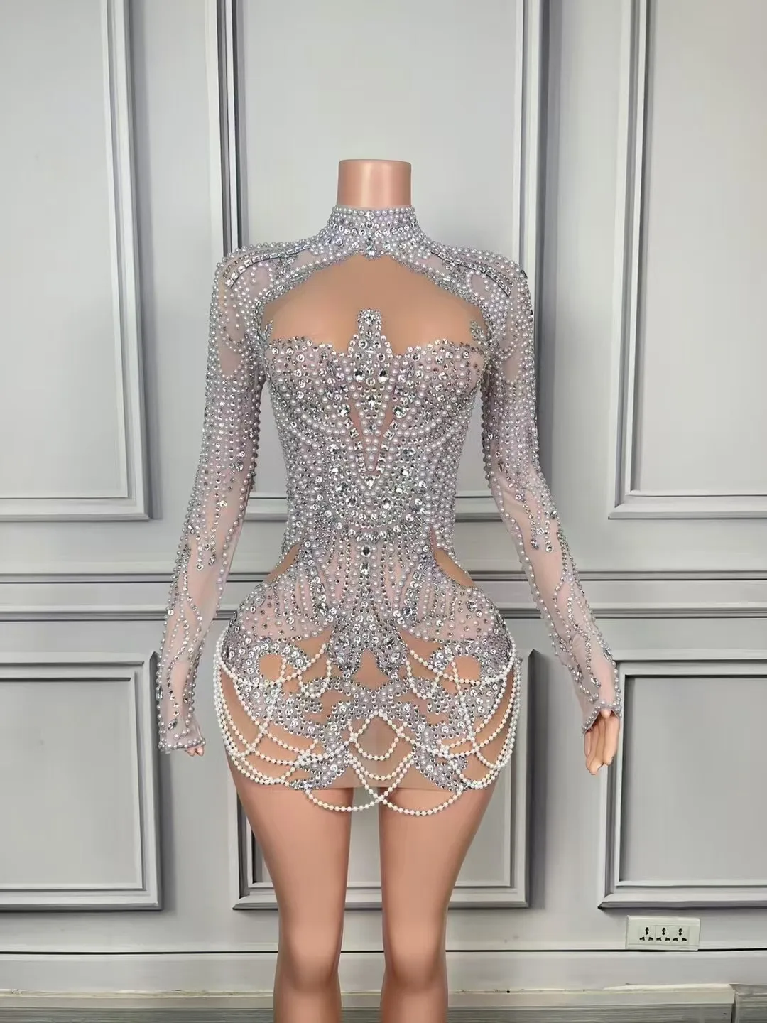 Luxurious Full Rhinestones Pearl Short Dress Women Evening Prom Celebrate Dress Sexy Mesh Transparent Singer Photoshoot Wear