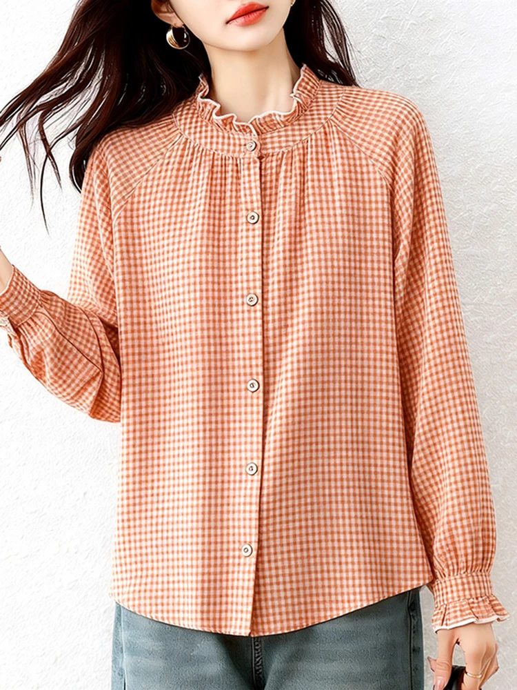 

Simple Long Sve irt Women's Spring Faion 2026 Loose Slimming Plaid Ladies' irt Top Versatile Basic Sle Button Detail